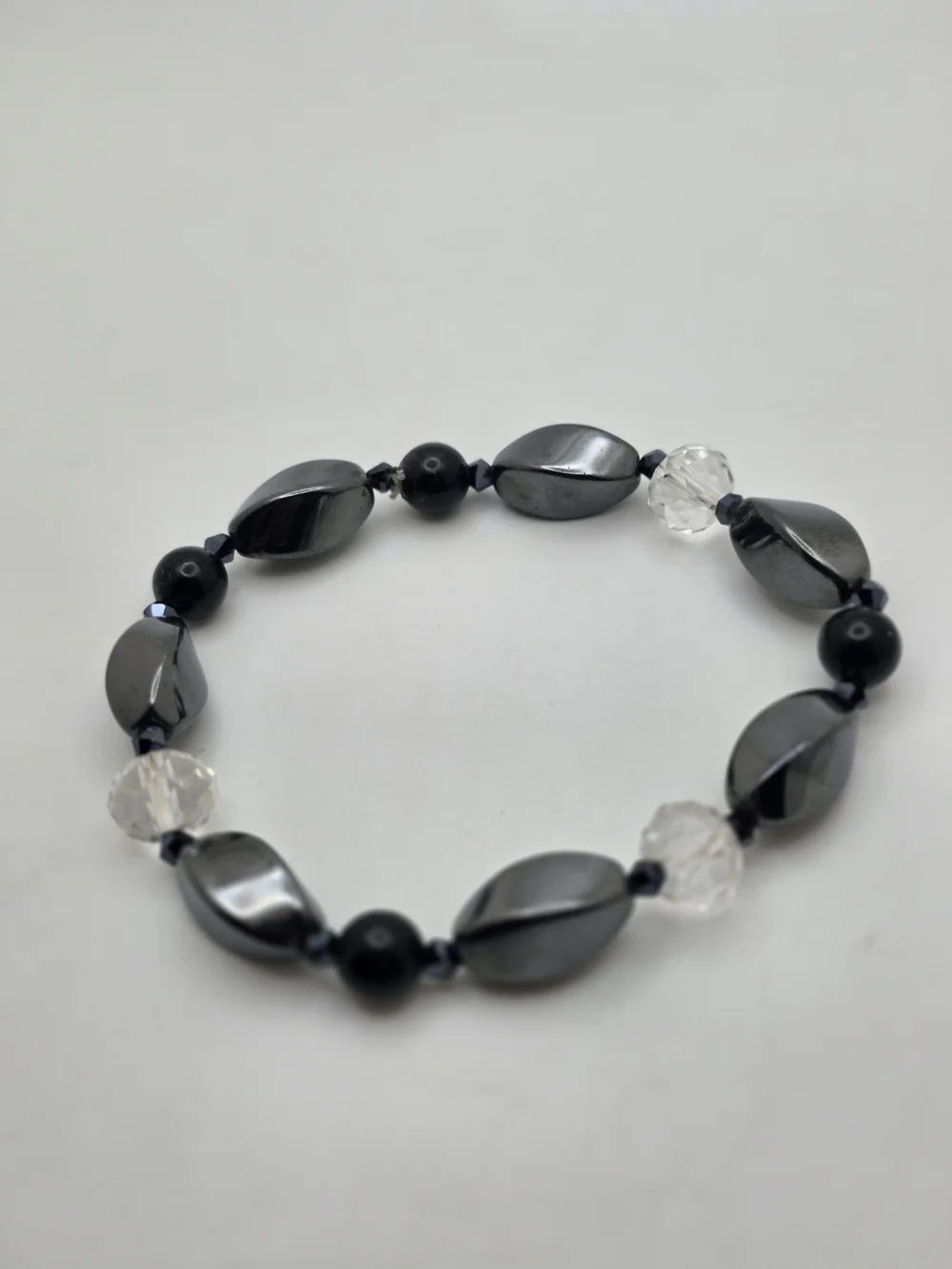 Black Hematite and Clear Crystal Beaded Stretch Bracelet